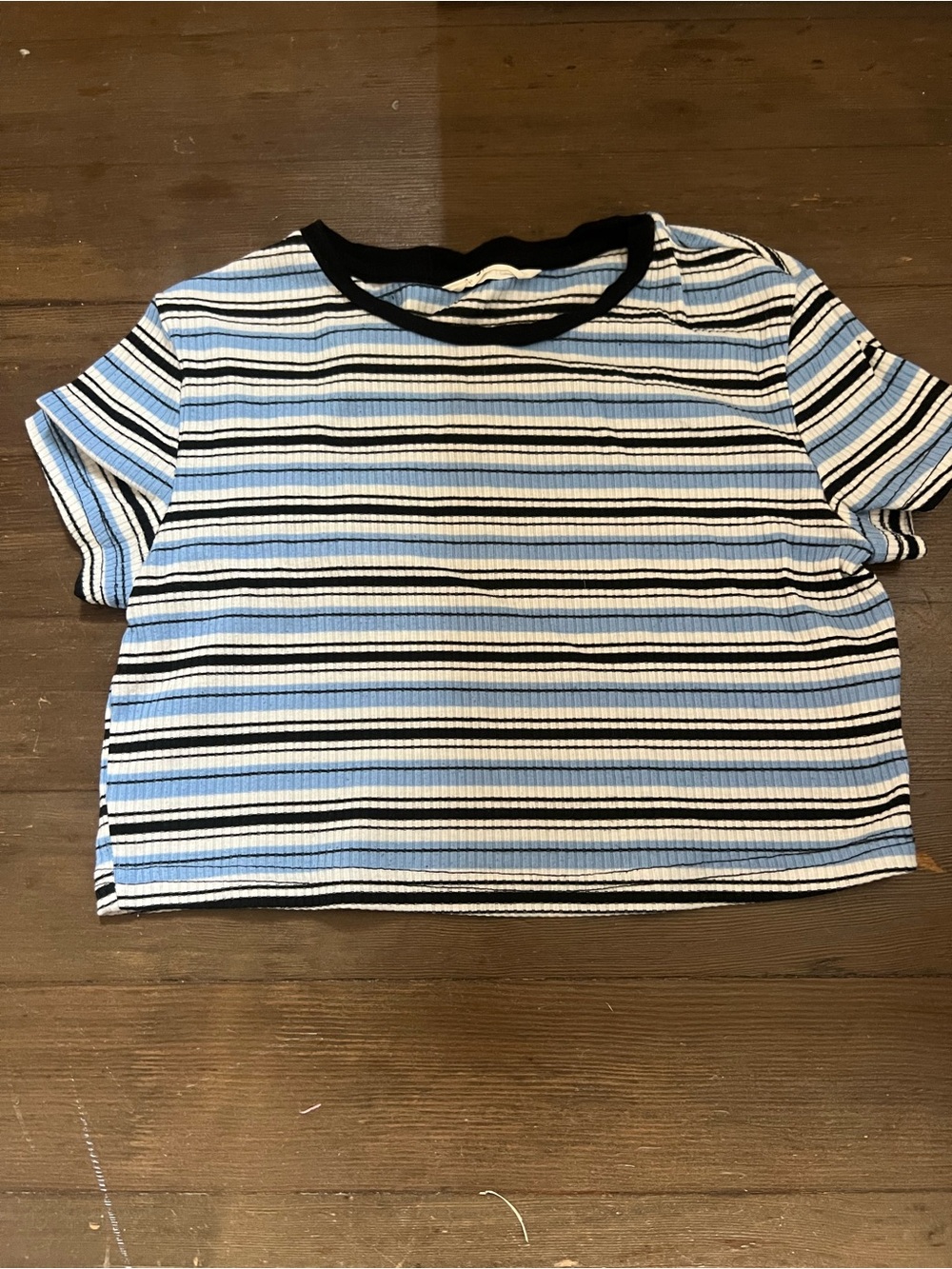SHEIN Blue, White & Black Striped Ribbed Crop Tee